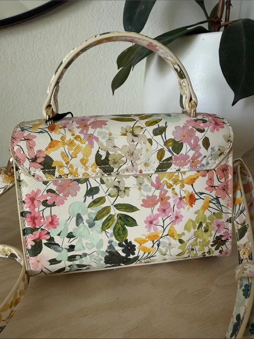 Ted Baker Lili Satchel Cream Floral Top-Handle Satchel with Gold Hardware